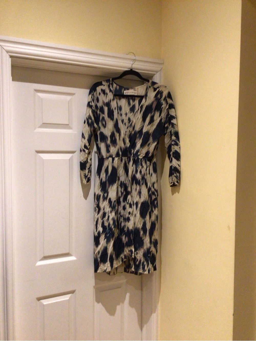 100% Silk Teal, Cream Long-Sleeve Faux Wrap Dress